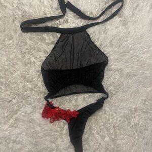 Elegant Black and Red Sheer Bodysuit